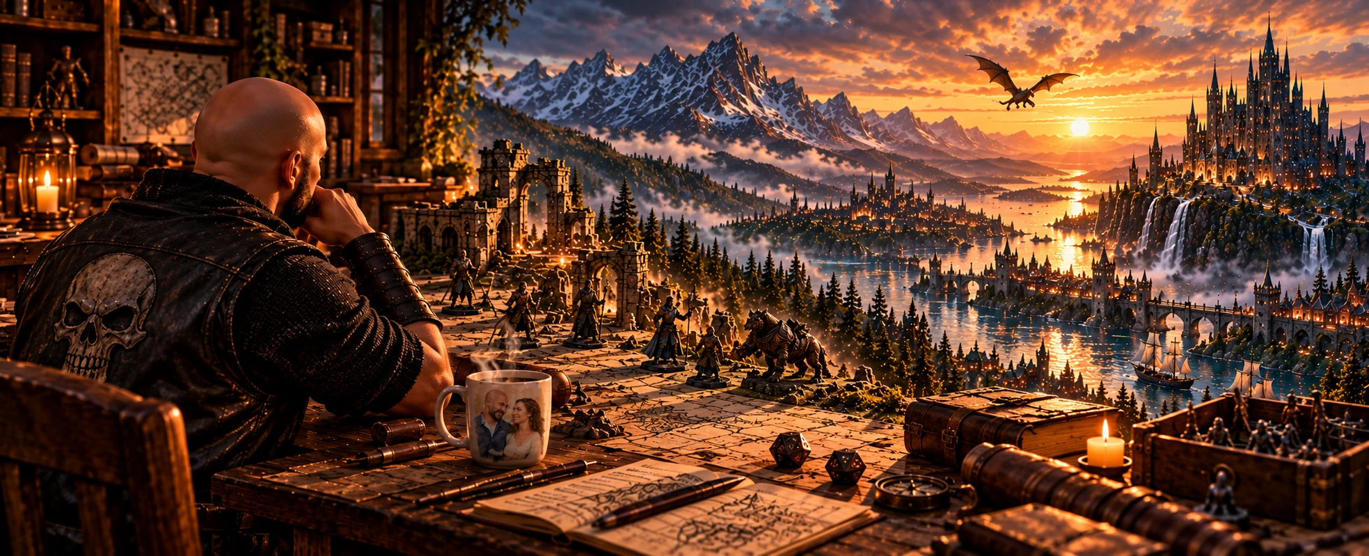 Alejandro contempla mundos de fantasía desde una mesa de juego con miniaturas, libros y dados.